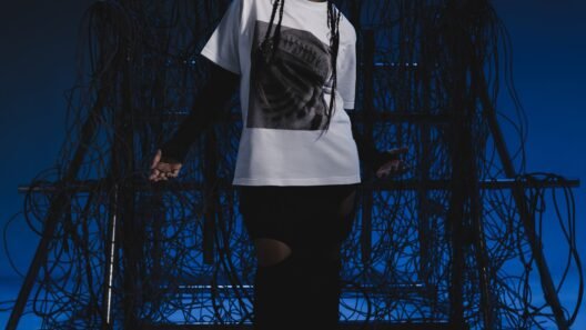 Lookbook RESILIENCE Bharatadanu dan KEEPFS dengan kaus grafis dan instalasi kabel